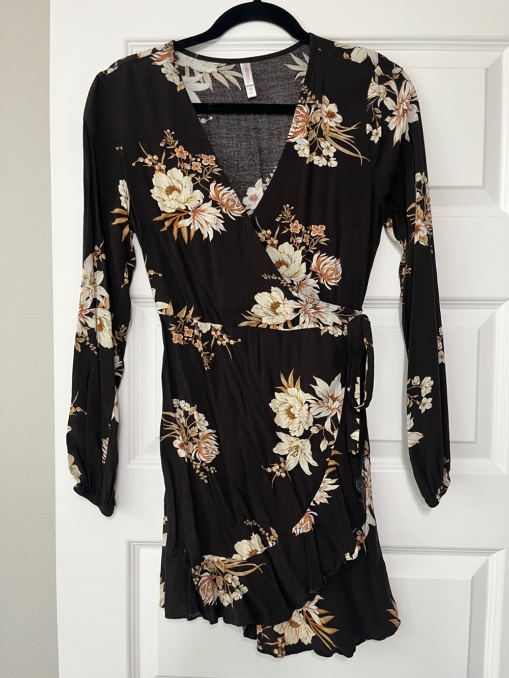 Xhilaration Black Floral Wrap Dress with Cream and Tan Blooms